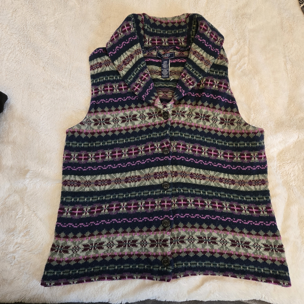 Chaps Fair Isle Nordic Cotton Blend Collared Sweater Vest w/ Buttons - Picture 2 of 7